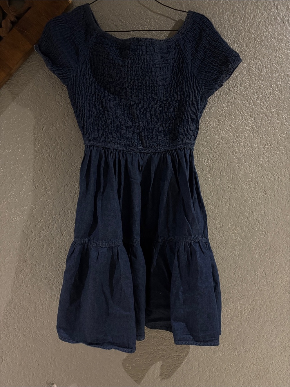 Women's Navy Smocked Short-Sleeve Tiered Dress
